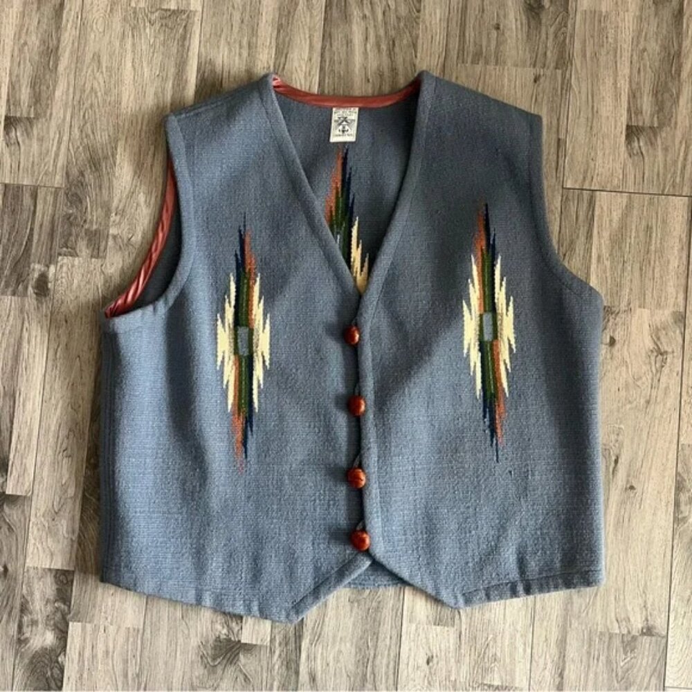 Men's Blue Wool Vest with Patterned Accents